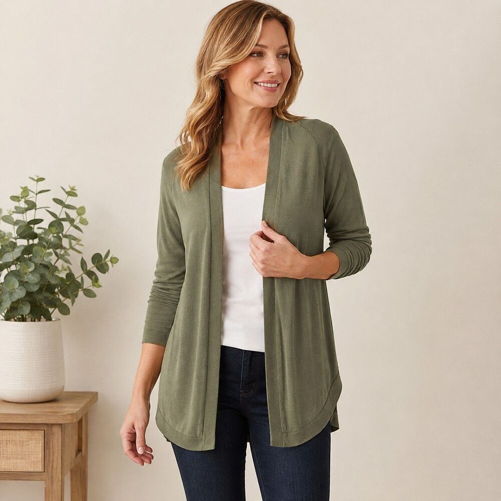 Talbots Petite Cardigan Womens SP Olive Green Open Front Long Sleeve Sweater